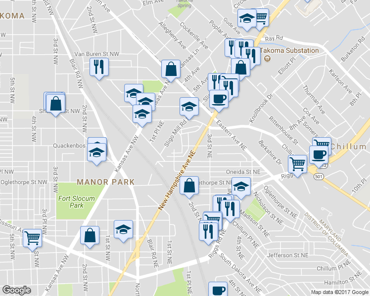 map of restaurants, bars, coffee shops, grocery stores, and more near 205 Concord Place Northeast in Washington