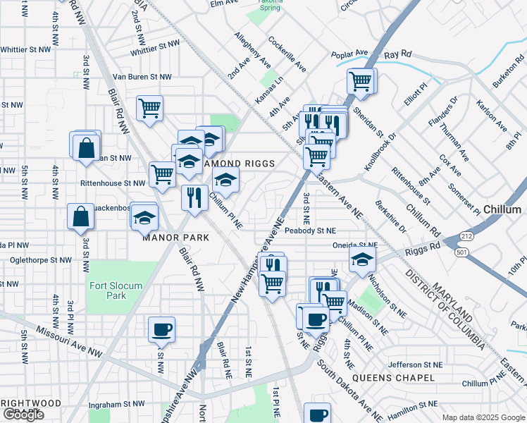 map of restaurants, bars, coffee shops, grocery stores, and more near 142 Waltman Place Northeast in Washington