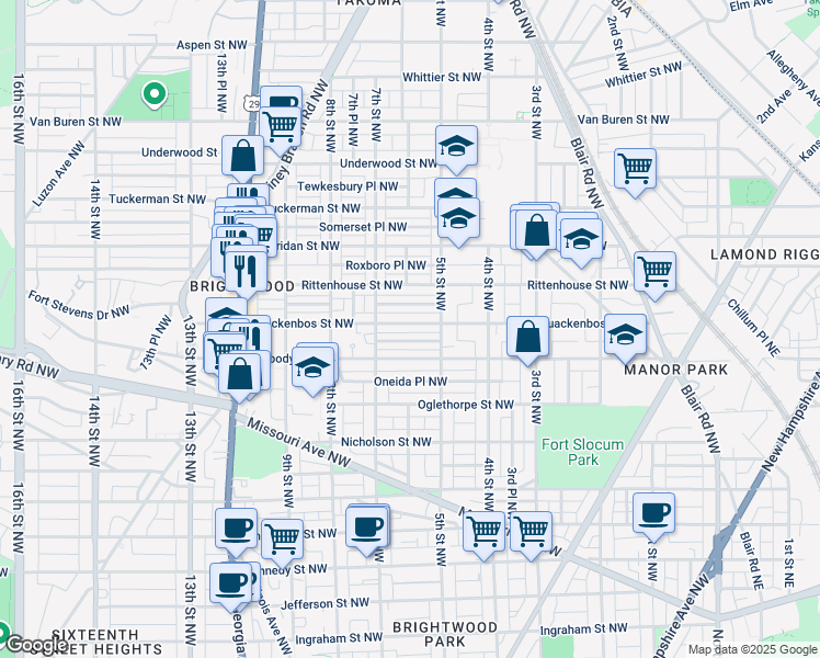 map of restaurants, bars, coffee shops, grocery stores, and more near 522 Quackenbos Street Northwest in Washington