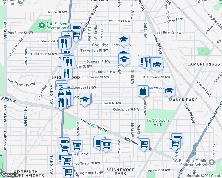 map of restaurants, bars, coffee shops, grocery stores, and more near 522 Quackenbos Street Northwest in Washington