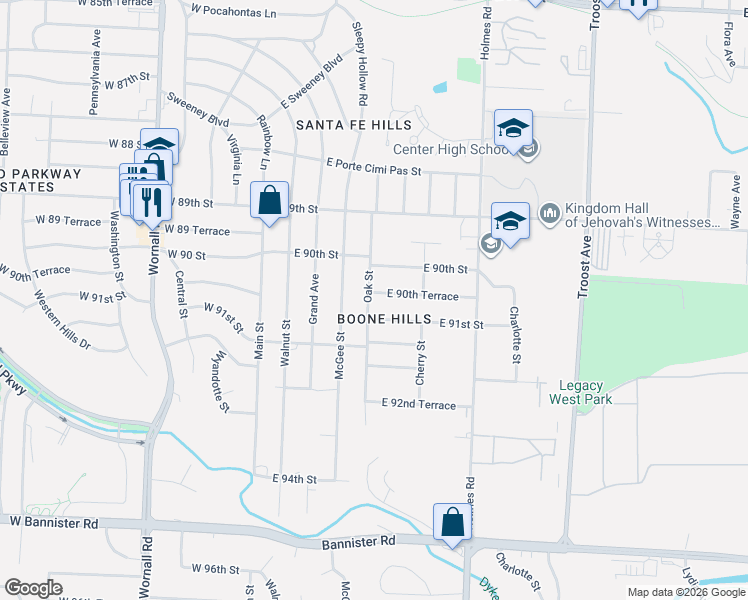 map of restaurants, bars, coffee shops, grocery stores, and more near 410 East 90th Terrace in Kansas City