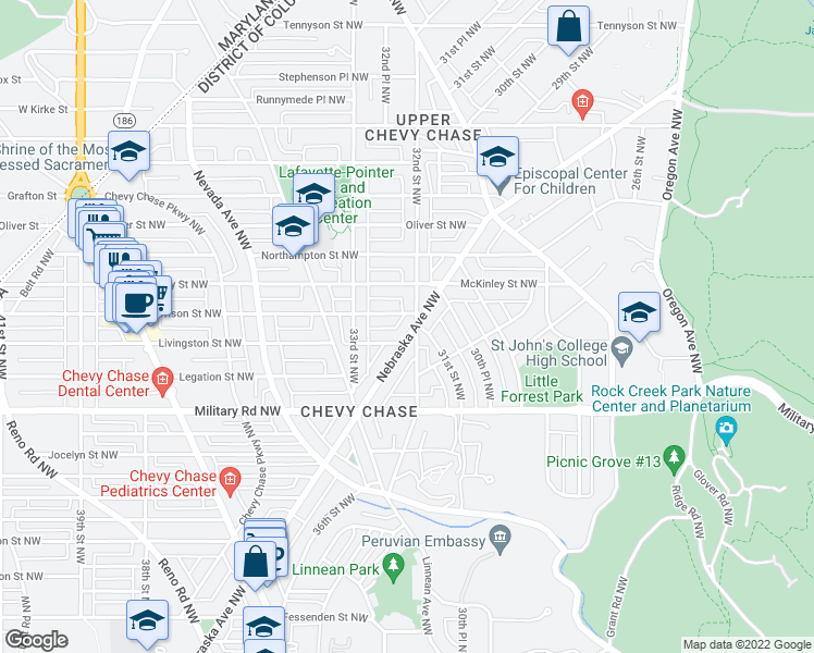 map of restaurants, bars, coffee shops, grocery stores, and more near 5506 Nebraska Avenue Northwest in Washington