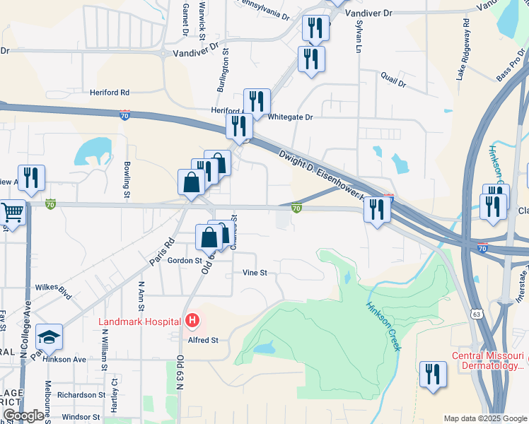 map of restaurants, bars, coffee shops, grocery stores, and more near 2001 Business Loop 70 East in Columbia