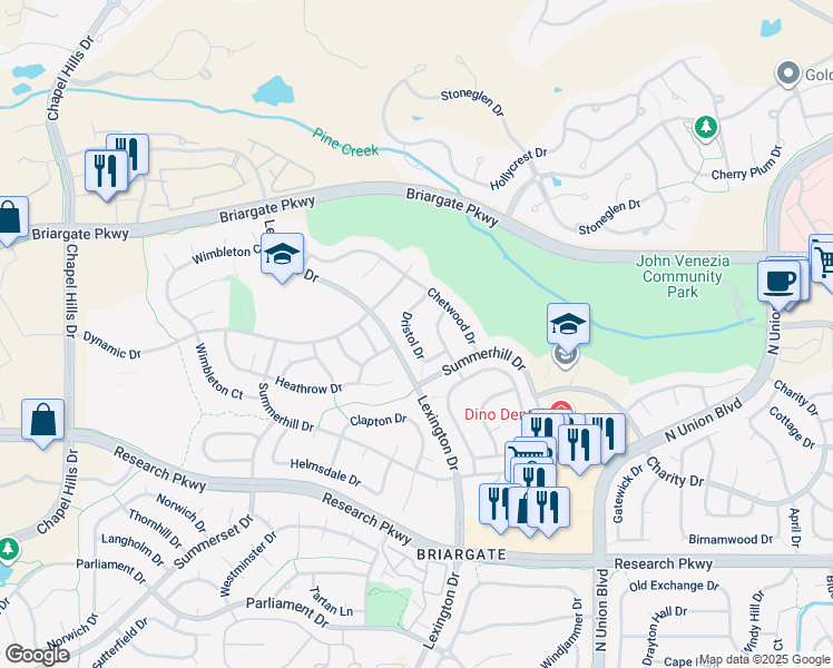 map of restaurants, bars, coffee shops, grocery stores, and more near 2805 Dristol Drive in Colorado Springs