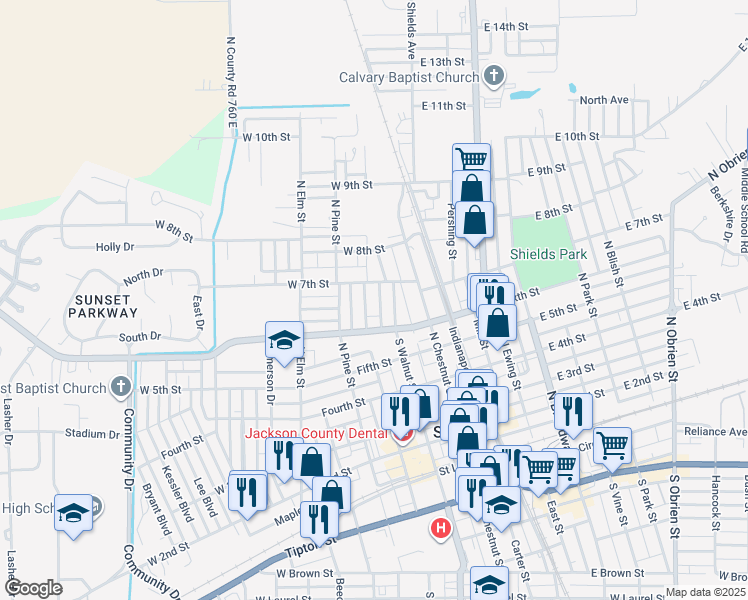 map of restaurants, bars, coffee shops, grocery stores, and more near 628 North Poplar Street in Seymour