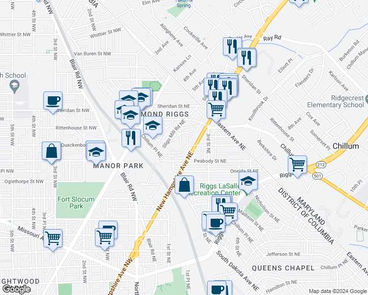 map of restaurants, bars, coffee shops, grocery stores, and more near 205 Concord Place Northeast in Washington