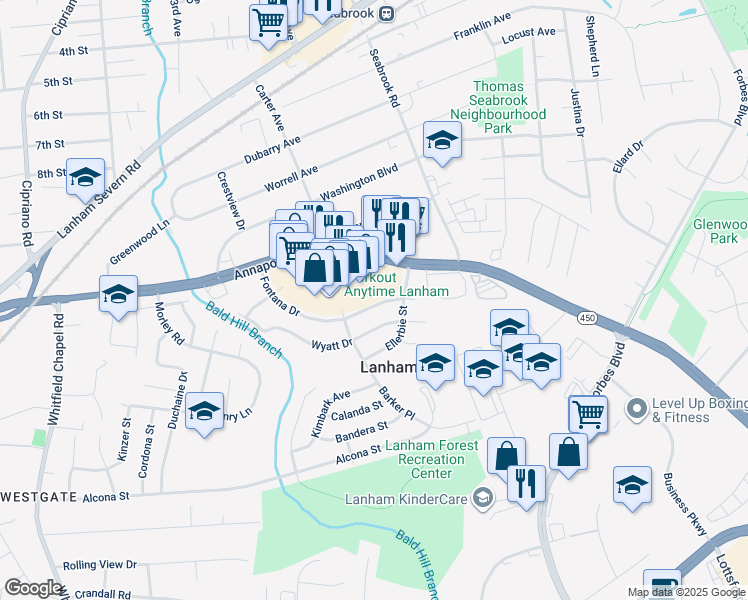 map of restaurants, bars, coffee shops, grocery stores, and more near 9410 Fontana Drive in Lanham