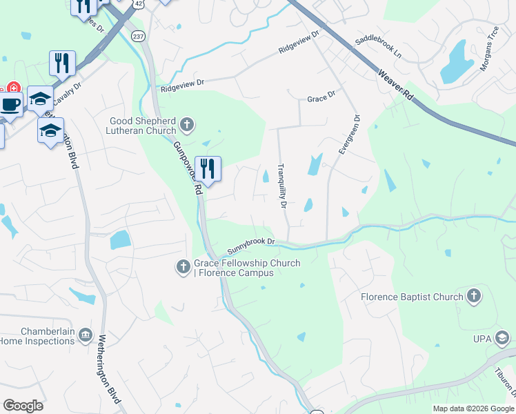 map of restaurants, bars, coffee shops, grocery stores, and more near 9398 Lago Mar Court in Florence