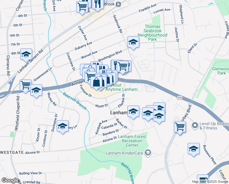 map of restaurants, bars, coffee shops, grocery stores, and more near 9410 Fontana Drive in Lanham