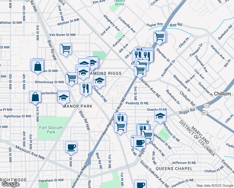map of restaurants, bars, coffee shops, grocery stores, and more near 144 Waltman Place Northeast in Washington