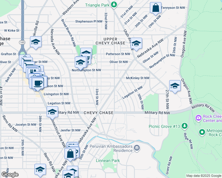 map of restaurants, bars, coffee shops, grocery stores, and more near 5506 Nebraska Avenue Northwest in Washington