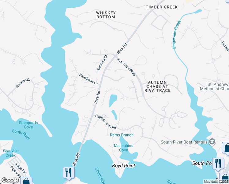 map of restaurants, bars, coffee shops, grocery stores, and more near 227 Autumn Chase Drive in Annapolis