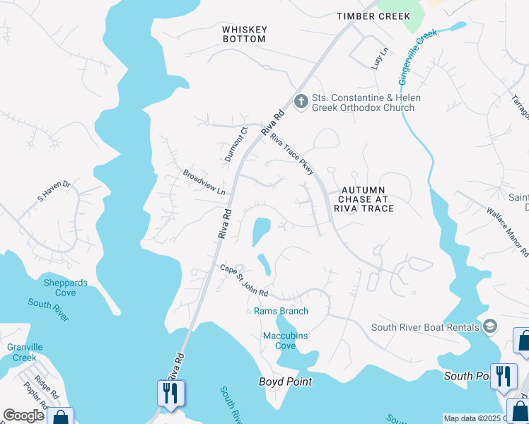 map of restaurants, bars, coffee shops, grocery stores, and more near 227 Autumn Chase Drive in Annapolis