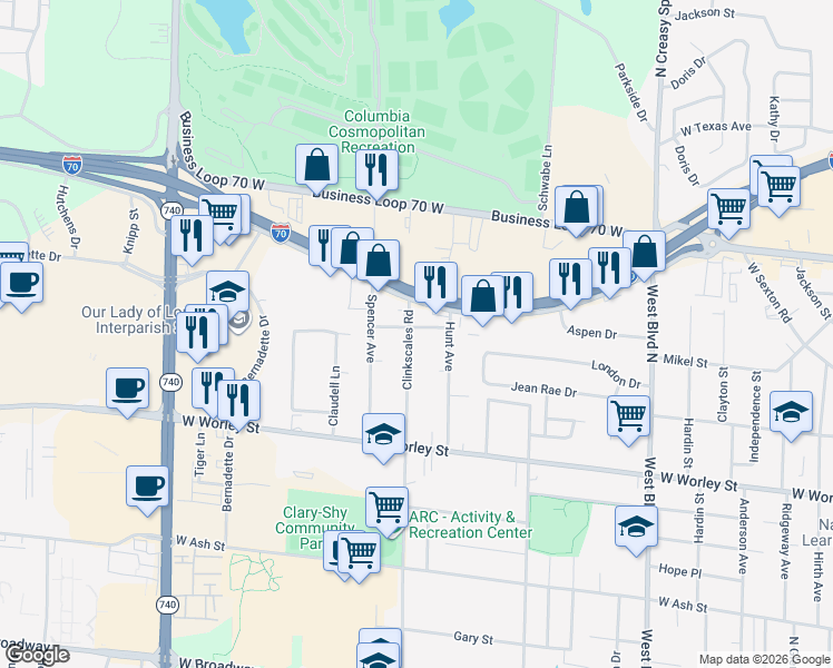 map of restaurants, bars, coffee shops, grocery stores, and more near 812 Clinkscales Road in Columbia