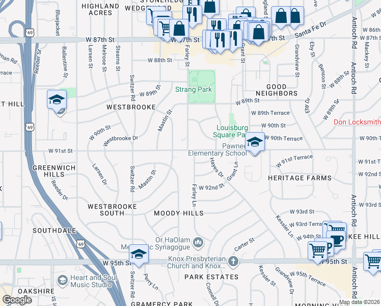 map of restaurants, bars, coffee shops, grocery stores, and more near 9808 West 91st Street in Overland Park