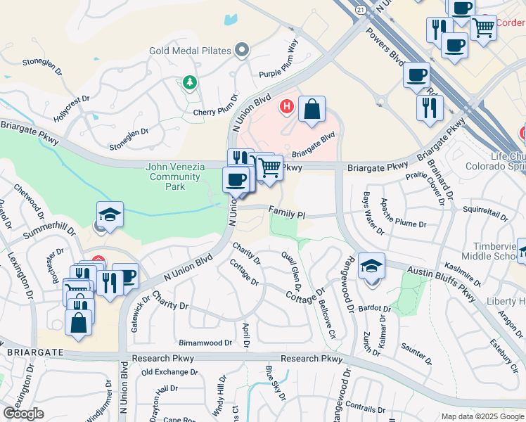 map of restaurants, bars, coffee shops, grocery stores, and more near 4700 Family Place in Colorado Springs