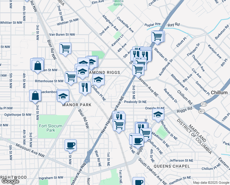 map of restaurants, bars, coffee shops, grocery stores, and more near 144 Waltman Place Northeast in Washington