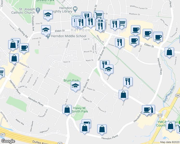 map of restaurants, bars, coffee shops, grocery stores, and more near 604 Austin Lane in Herndon