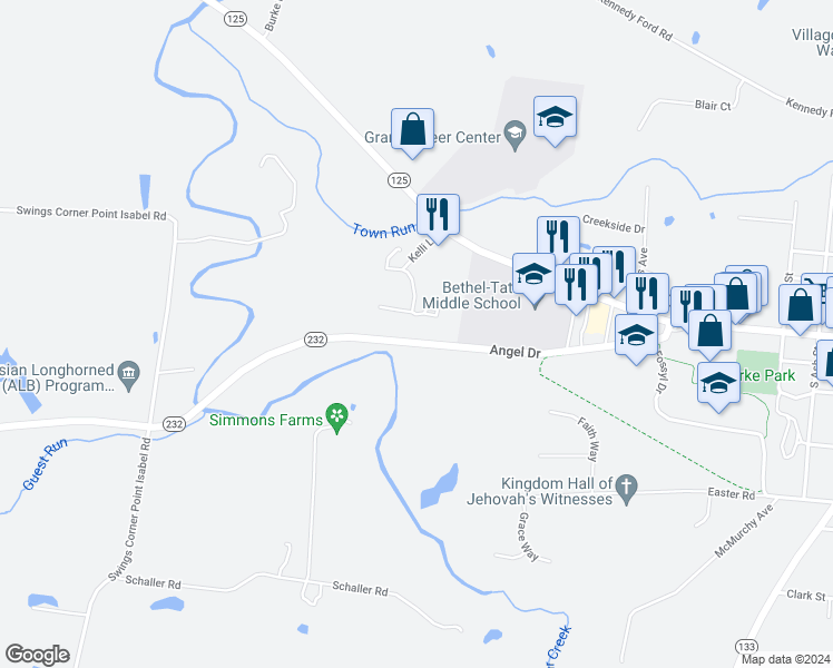 map of restaurants, bars, coffee shops, grocery stores, and more near 3050 Angel Drive in Bethel