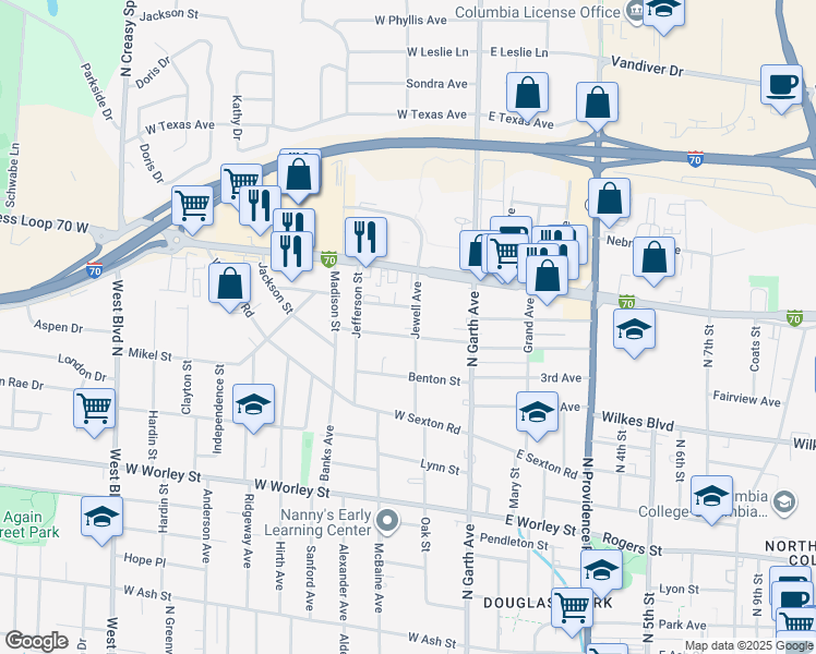 map of restaurants, bars, coffee shops, grocery stores, and more near 206 Highview Avenue in Columbia