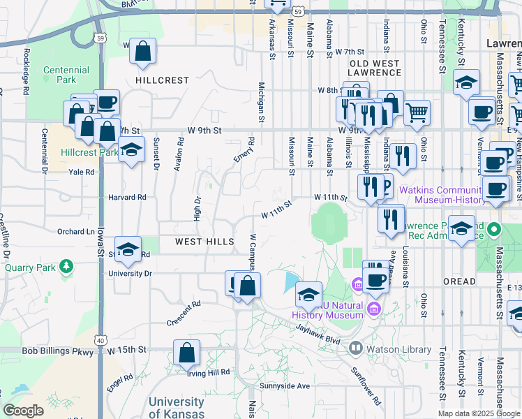 map of restaurants, bars, coffee shops, grocery stores, and more near in Lawrence