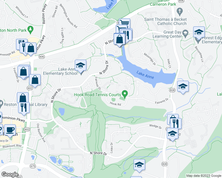 map of restaurants, bars, coffee shops, grocery stores, and more near 11500 Fairway Drive in Reston