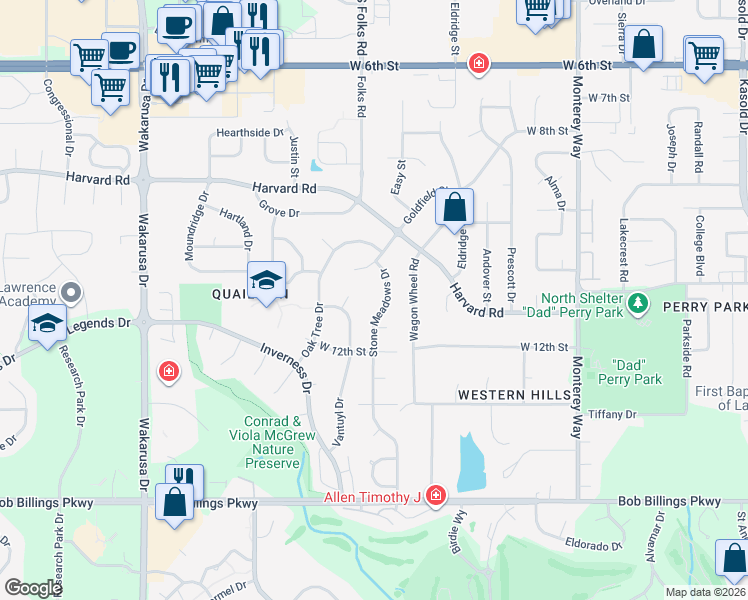map of restaurants, bars, coffee shops, grocery stores, and more near 1016 Stone Meadows Dr in Lawrence