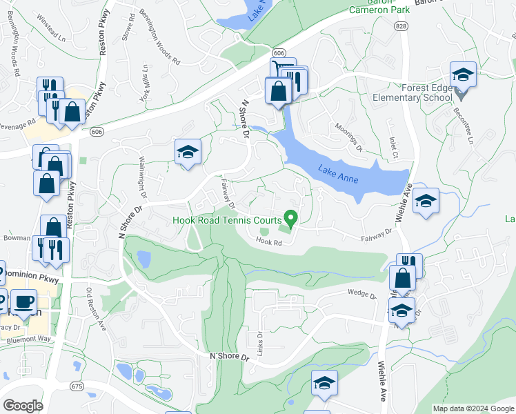map of restaurants, bars, coffee shops, grocery stores, and more near 11500 Fairway Drive in Reston