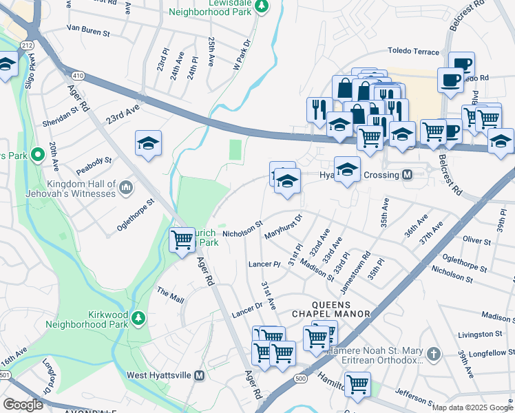 map of restaurants, bars, coffee shops, grocery stores, and more near 5902 31st Avenue in Hyattsville