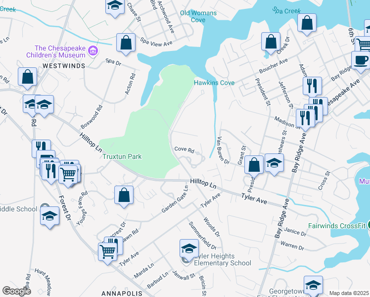 map of restaurants, bars, coffee shops, grocery stores, and more near 283 Cove Road in Annapolis