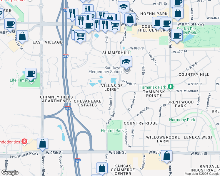 map of restaurants, bars, coffee shops, grocery stores, and more near 15926 West 91st Terrace in Lenexa