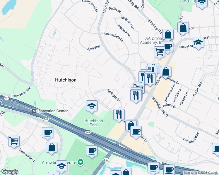 map of restaurants, bars, coffee shops, grocery stores, and more near 2171 Oram Place in Herndon