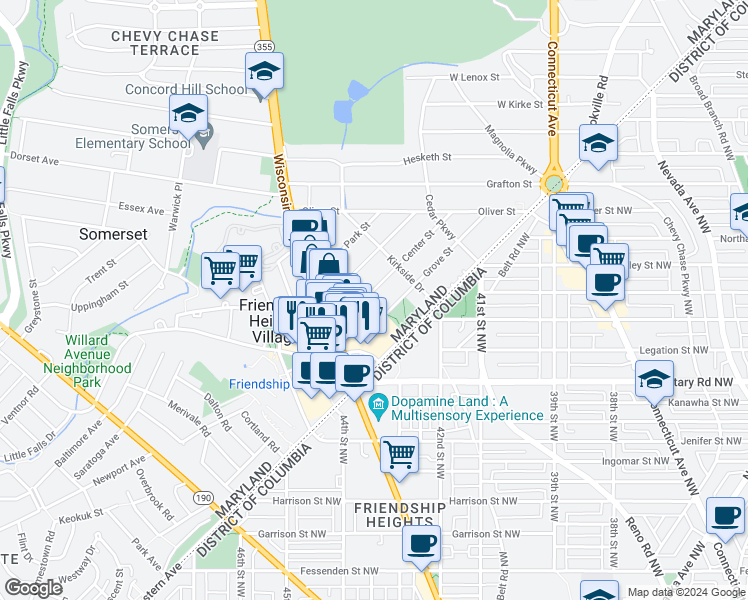 map of restaurants, bars, coffee shops, grocery stores, and more near 5407 Center Street in Chevy Chase