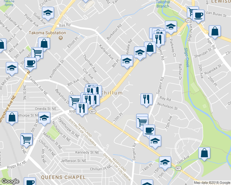 map of restaurants, bars, coffee shops, grocery stores, and more near 6011 Riggs Road in Hyattsville