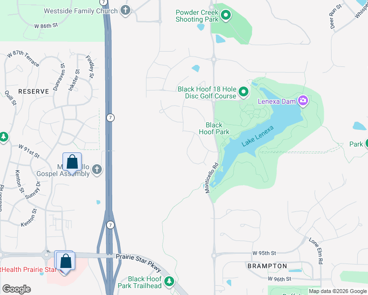 map of restaurants, bars, coffee shops, grocery stores, and more near 9001 North K7 Highway in Lenexa