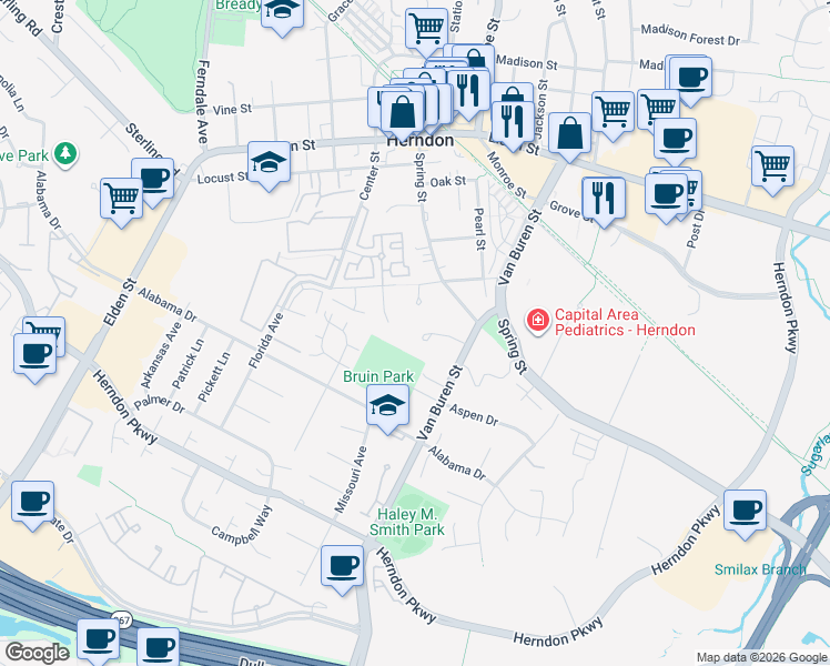 map of restaurants, bars, coffee shops, grocery stores, and more near 612 Austin Lane in Herndon