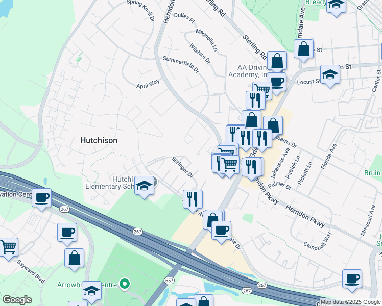 map of restaurants, bars, coffee shops, grocery stores, and more near 1117 Autumnhaze Court in Herndon
