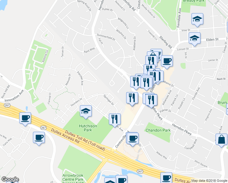 map of restaurants, bars, coffee shops, grocery stores, and more near 1117 Autumnhaze Court in Herndon