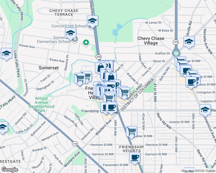 map of restaurants, bars, coffee shops, grocery stores, and more near Wisconsin Avenue & South Park Avenue in Friendship Village
