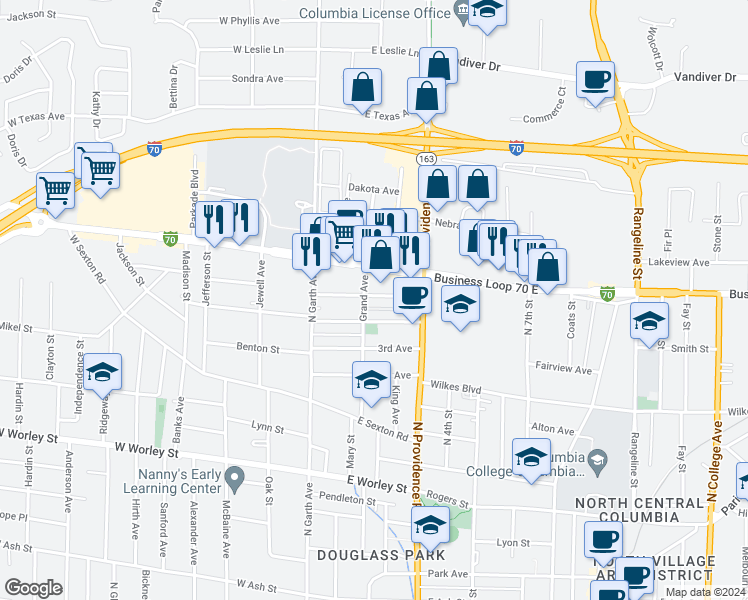 map of restaurants, bars, coffee shops, grocery stores, and more near 104 Austin Avenue in Columbia