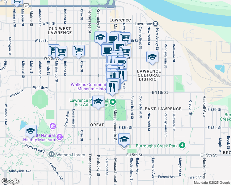 map of restaurants, bars, coffee shops, grocery stores, and more near in Lawrence