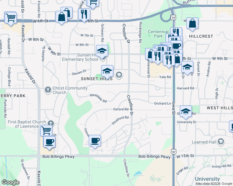 map of restaurants, bars, coffee shops, grocery stores, and more near 2610 Westdale Road in Lawrence