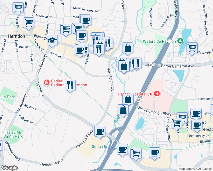 map of restaurants, bars, coffee shops, grocery stores, and more near 360 Herndon Parkway in Herndon