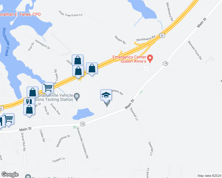 map of restaurants, bars, coffee shops, grocery stores, and more near 322 Wilson Road in Grasonville