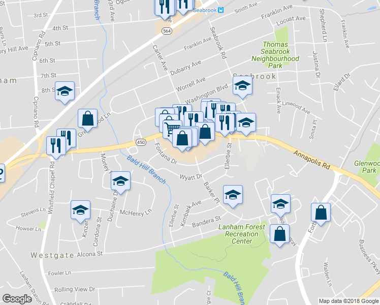 map of restaurants, bars, coffee shops, grocery stores, and more near 9341 Annapolis Road in Prince George's County