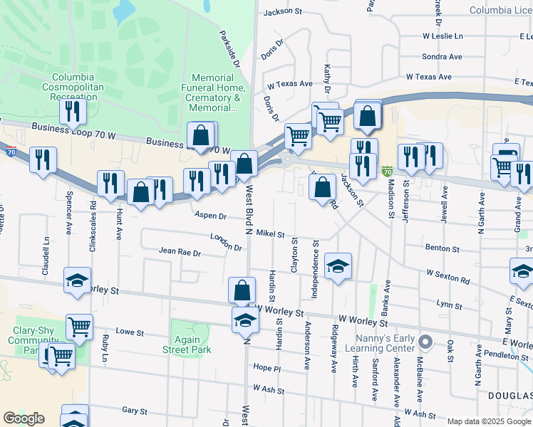 map of restaurants, bars, coffee shops, grocery stores, and more near 1000 West Boulevard North in Columbia