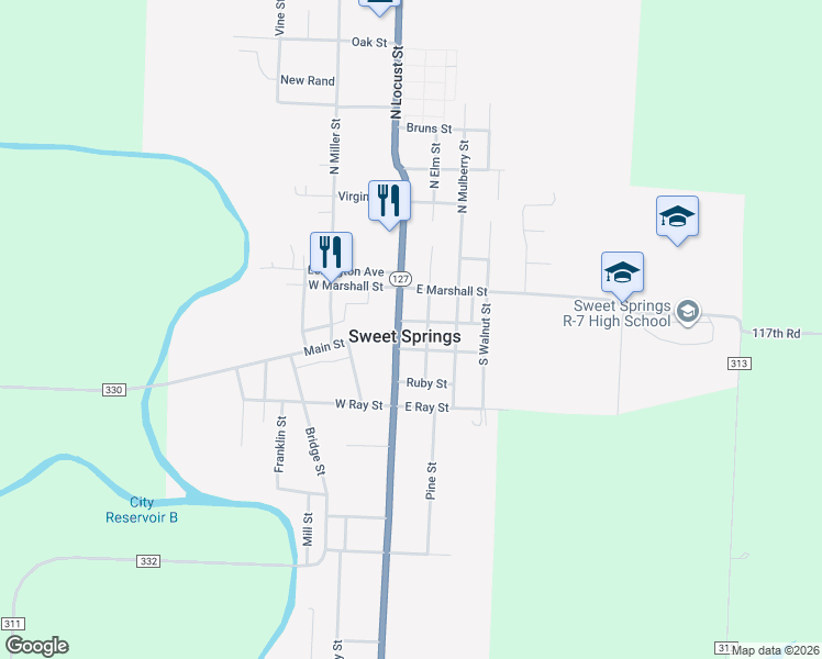 map of restaurants, bars, coffee shops, grocery stores, and more near 309 South Elm Street in Sweet Springs
