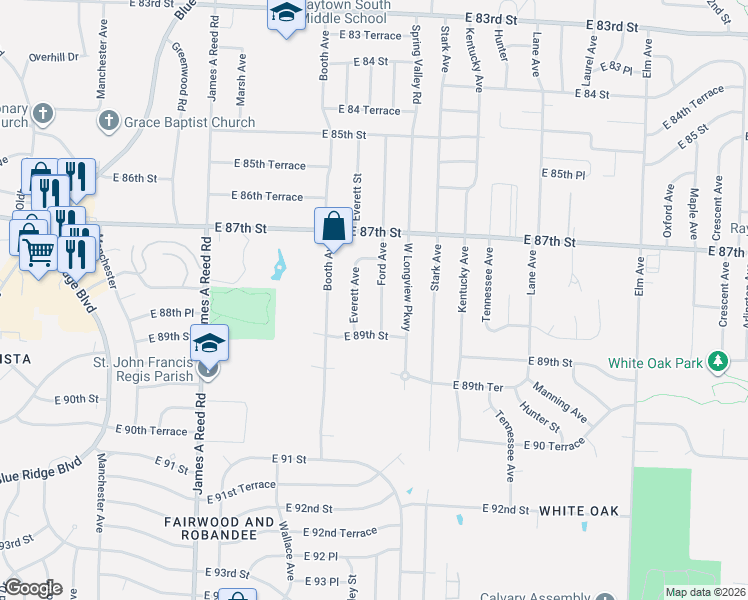 map of restaurants, bars, coffee shops, grocery stores, and more near 8801 Everett Street in Kansas City