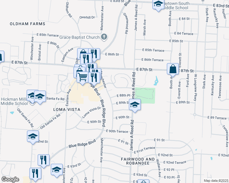 map of restaurants, bars, coffee shops, grocery stores, and more near 8003 East 88th Terrace in Kansas City