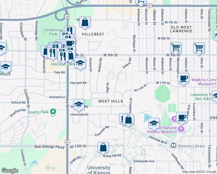 map of restaurants, bars, coffee shops, grocery stores, and more near 1000-1048 High Drive in Lawrence